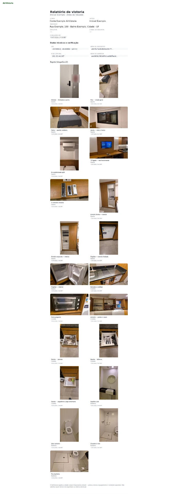 Mockup de um relatório de vistoria do AirVistoria, com dados técnicos e registro fotográfico por cômodo